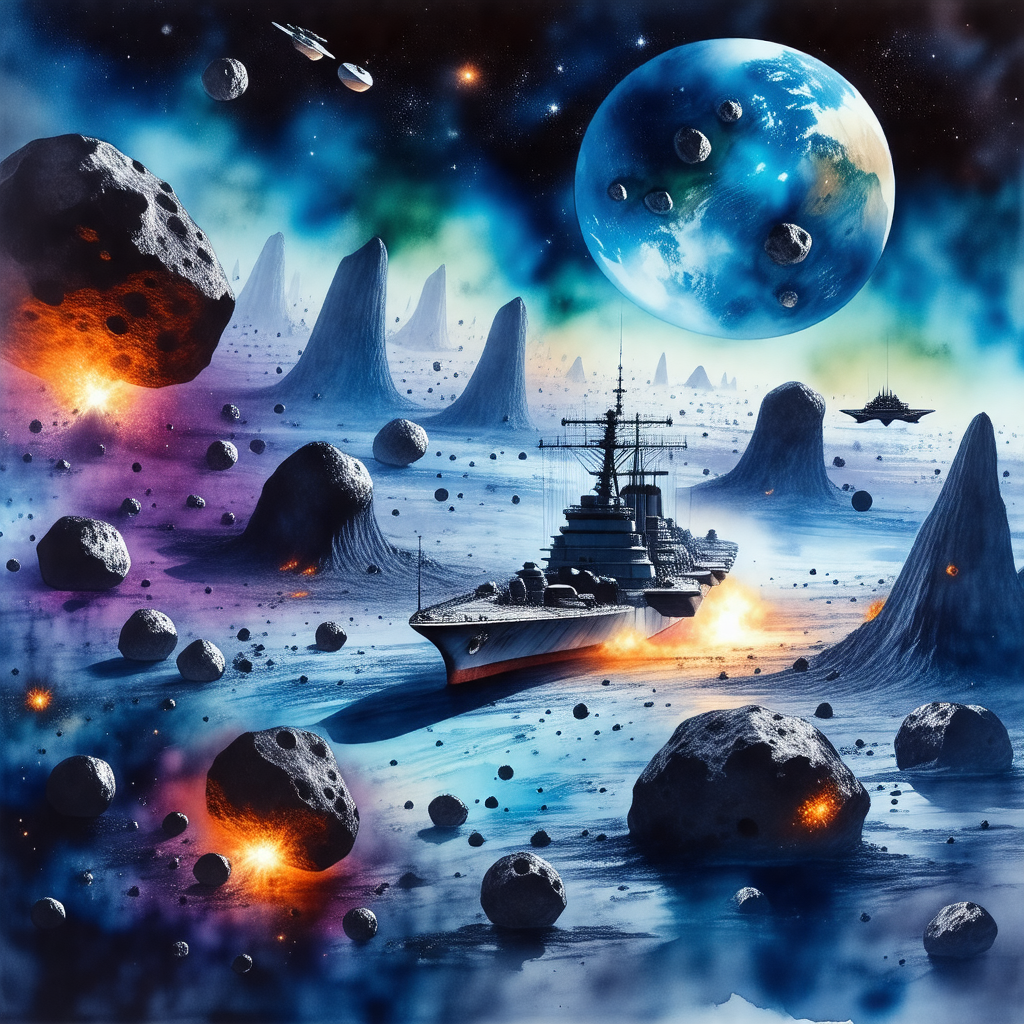 Large spacecraft, possibly a battleship, traveling throug...