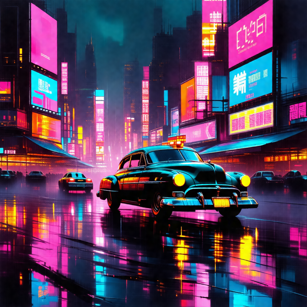 Colorful, artistic depiction of a city street at night