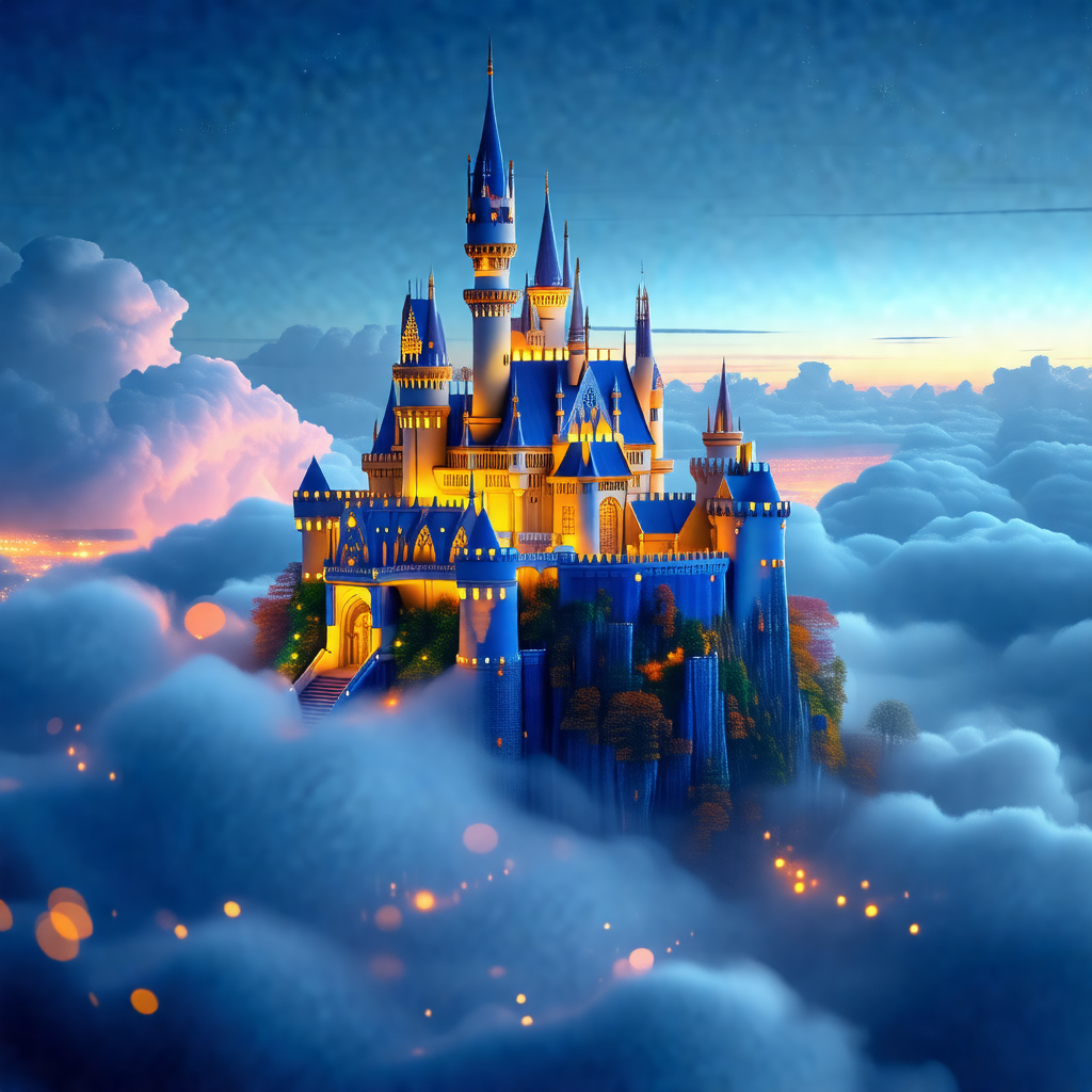 Majestic castle with a blue and yellow color scheme, towe...