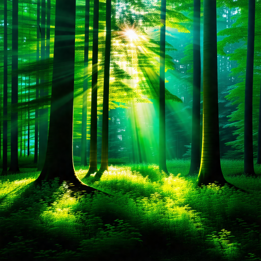 Lush green forest filled with trees and sunlight