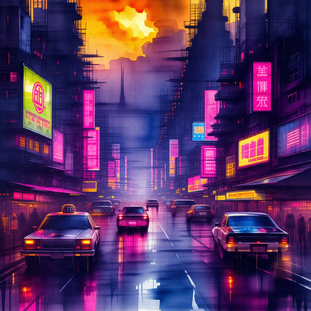 Busy city street at night, with a group of cars driving d...