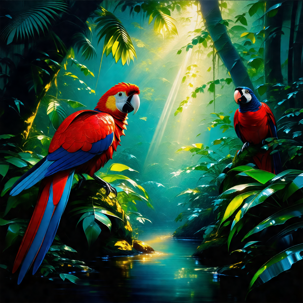 Two colorful parrots perched on branches in a lush green ...
