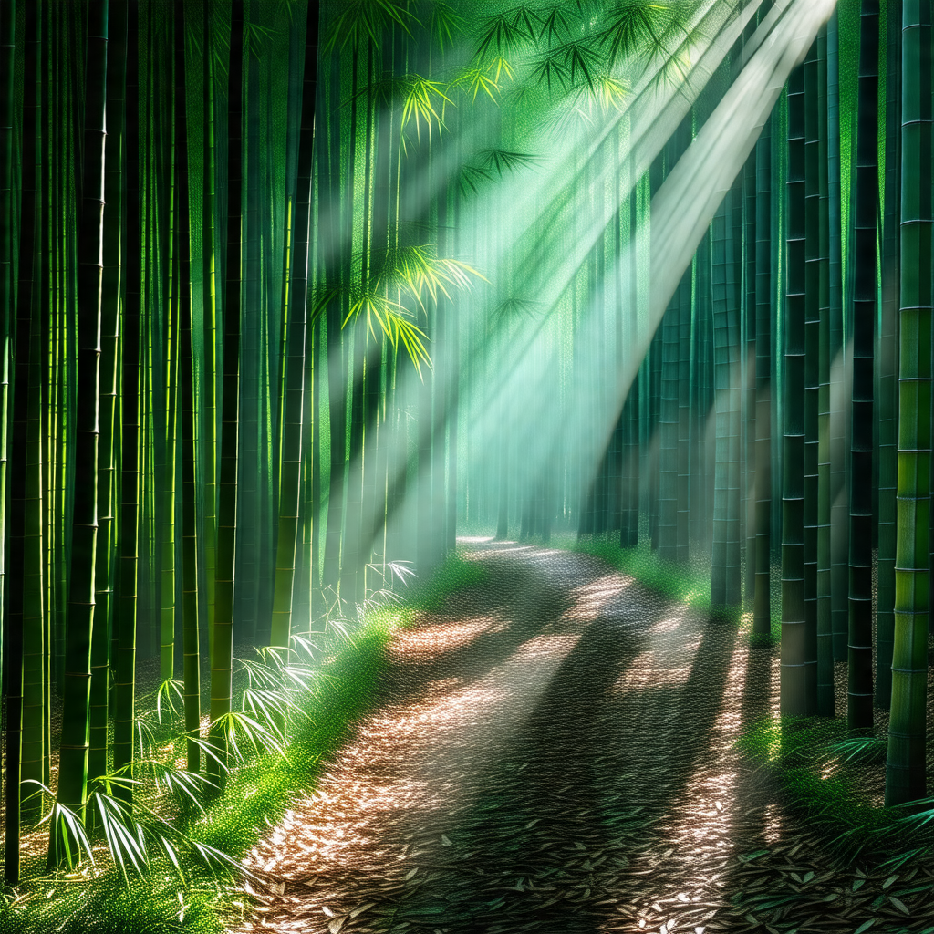 Pathway surrounded by a forest of tall, slender bamboo trees