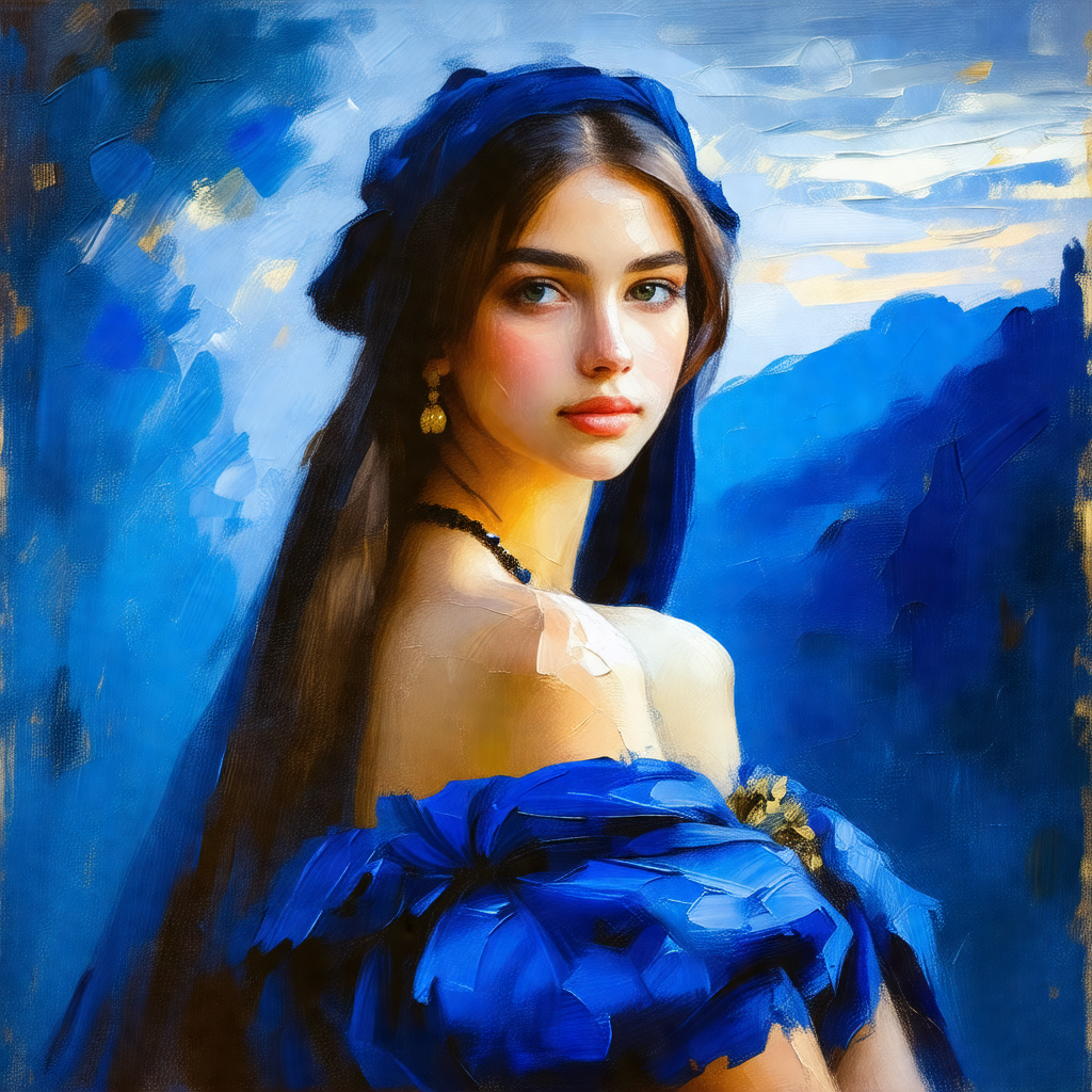 Beautiful woman wearing a blue dress, standing in front o...