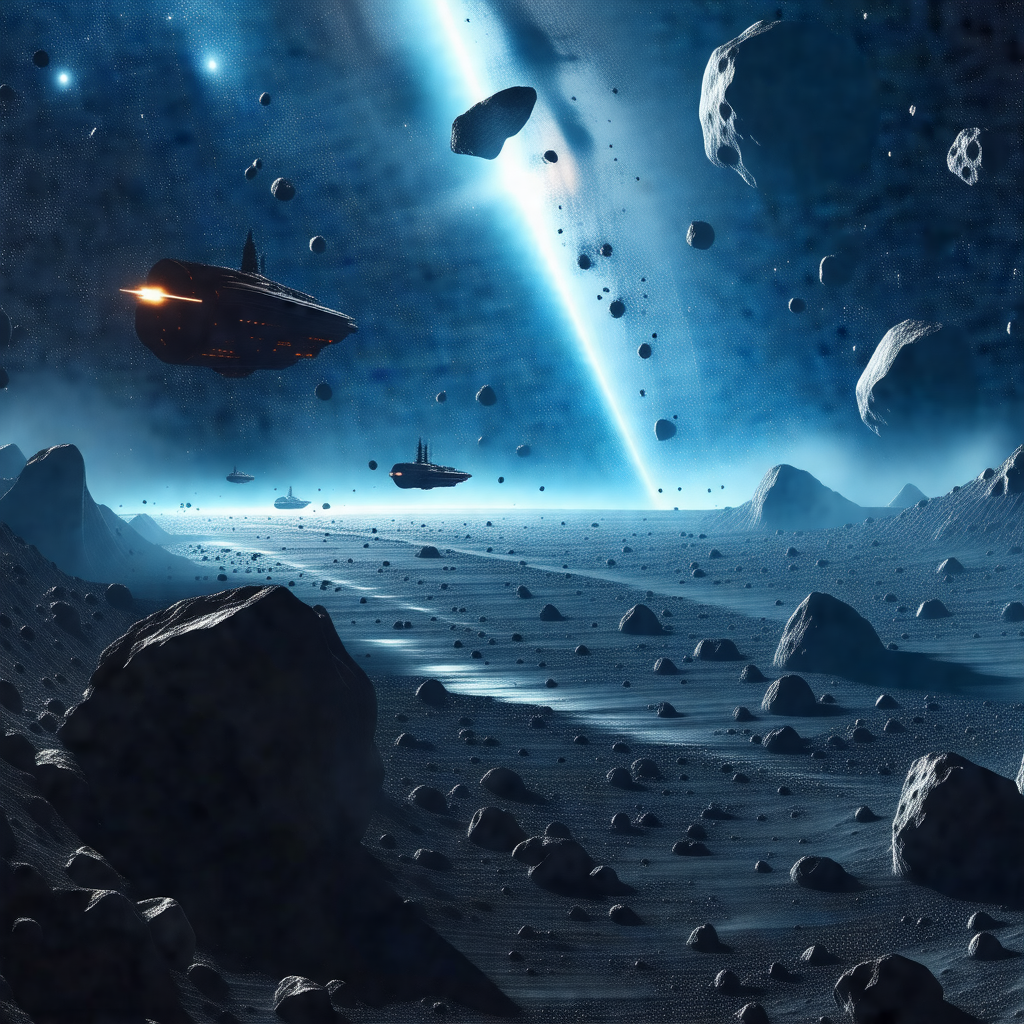 Futuristic scene with a group of spaceships flying throug...