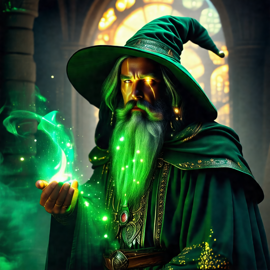 Man dressed in a green wizard's outfit, complete with a g...