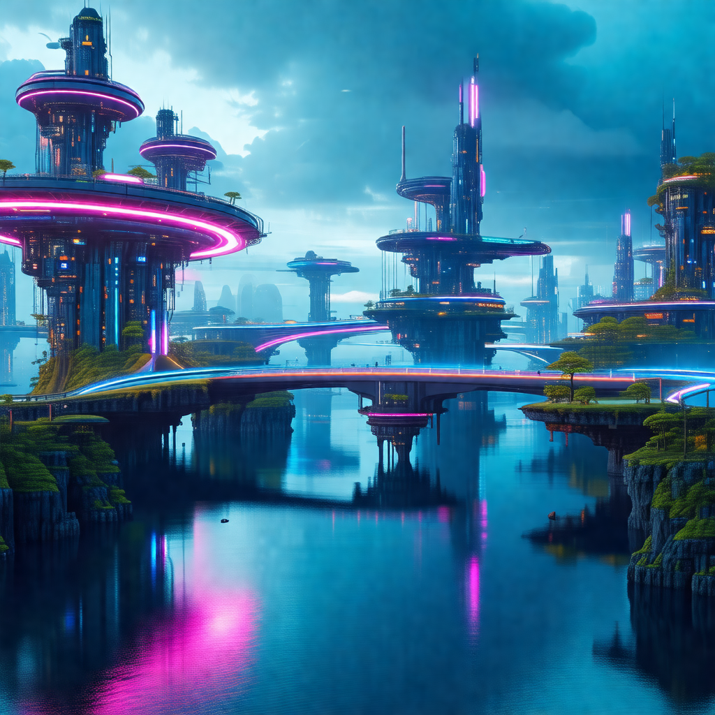 Futuristic cityscape with a series of floating islands co...