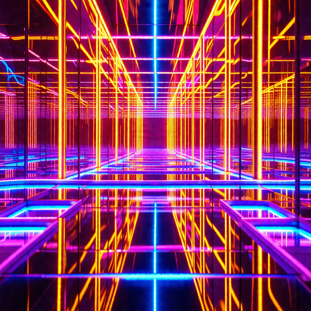 Reflection of a neon-lit room in a mirror
