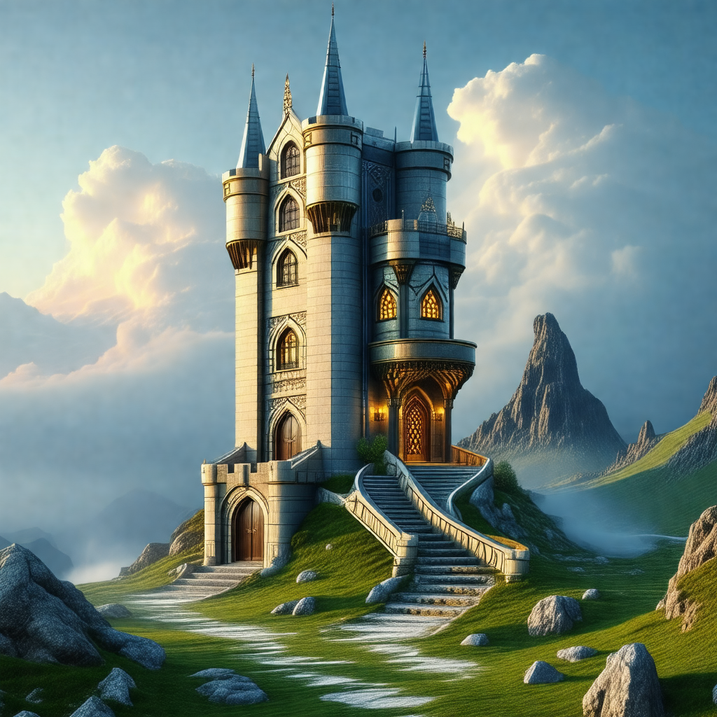 Large, majestic castle with a tall tower and a steeple