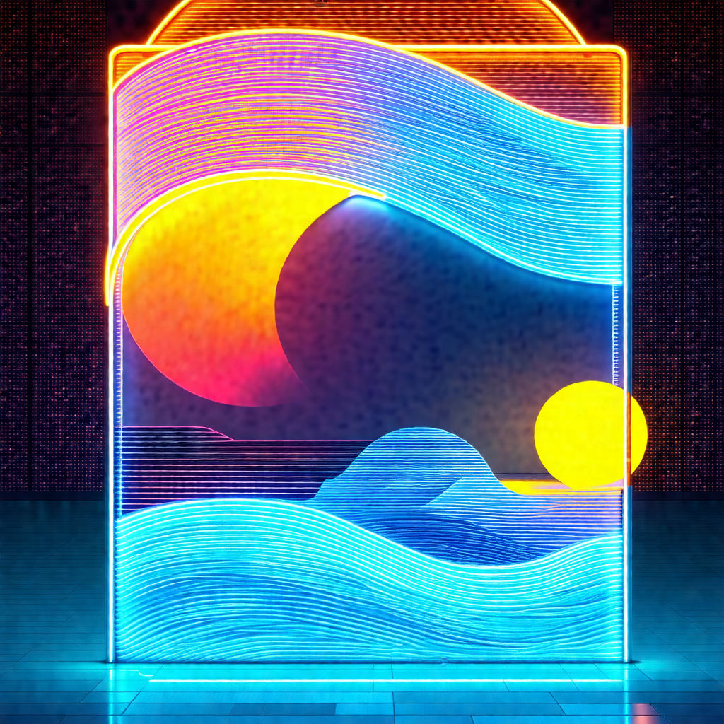 Large, illuminated glass case with a blue and yellow neon...