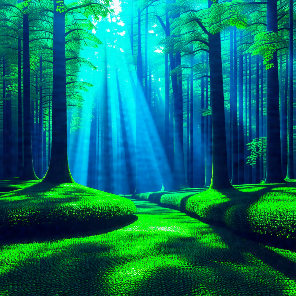 3d rendering of a forest with a pathway leading through it