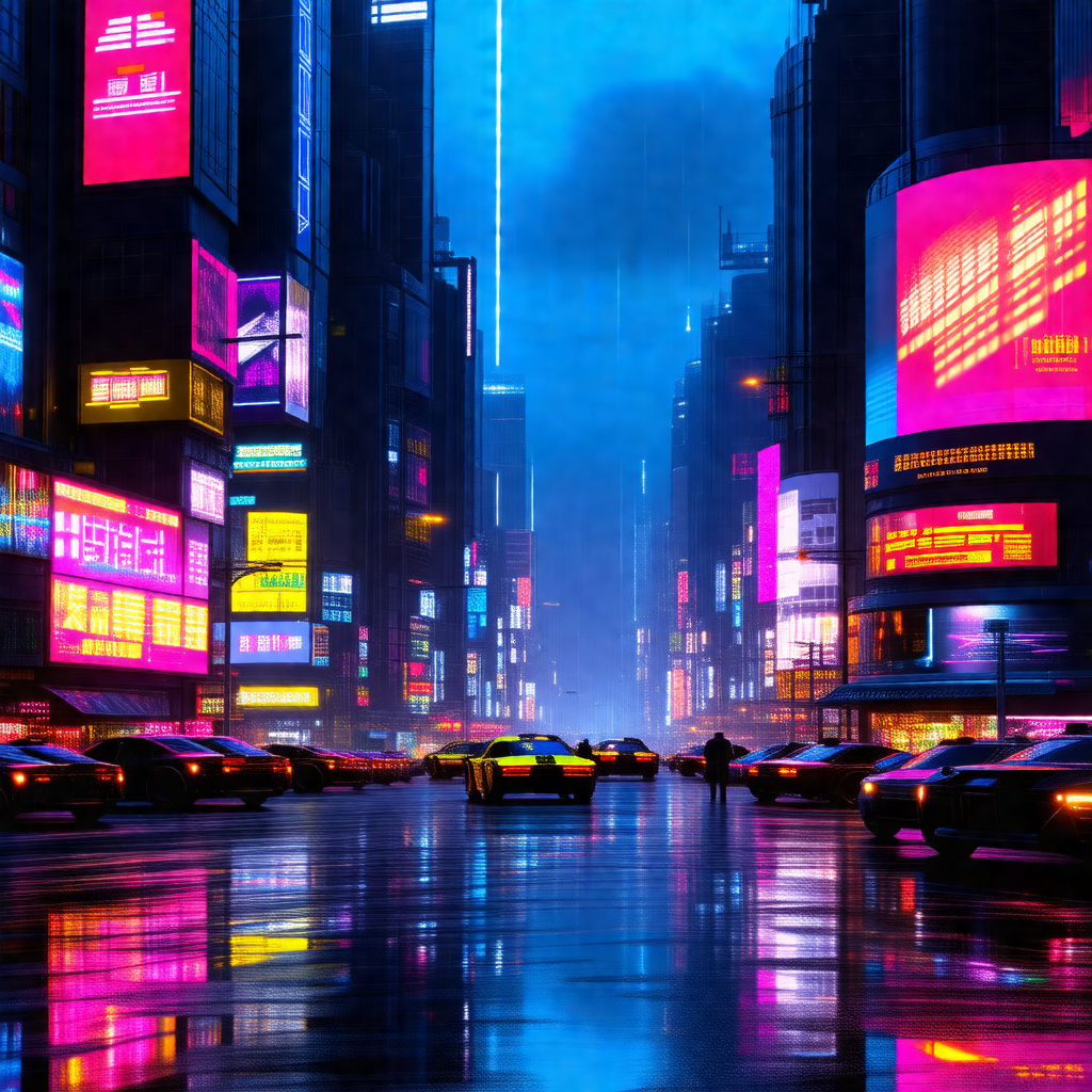 Colorful, artistic depiction of a busy city street at night