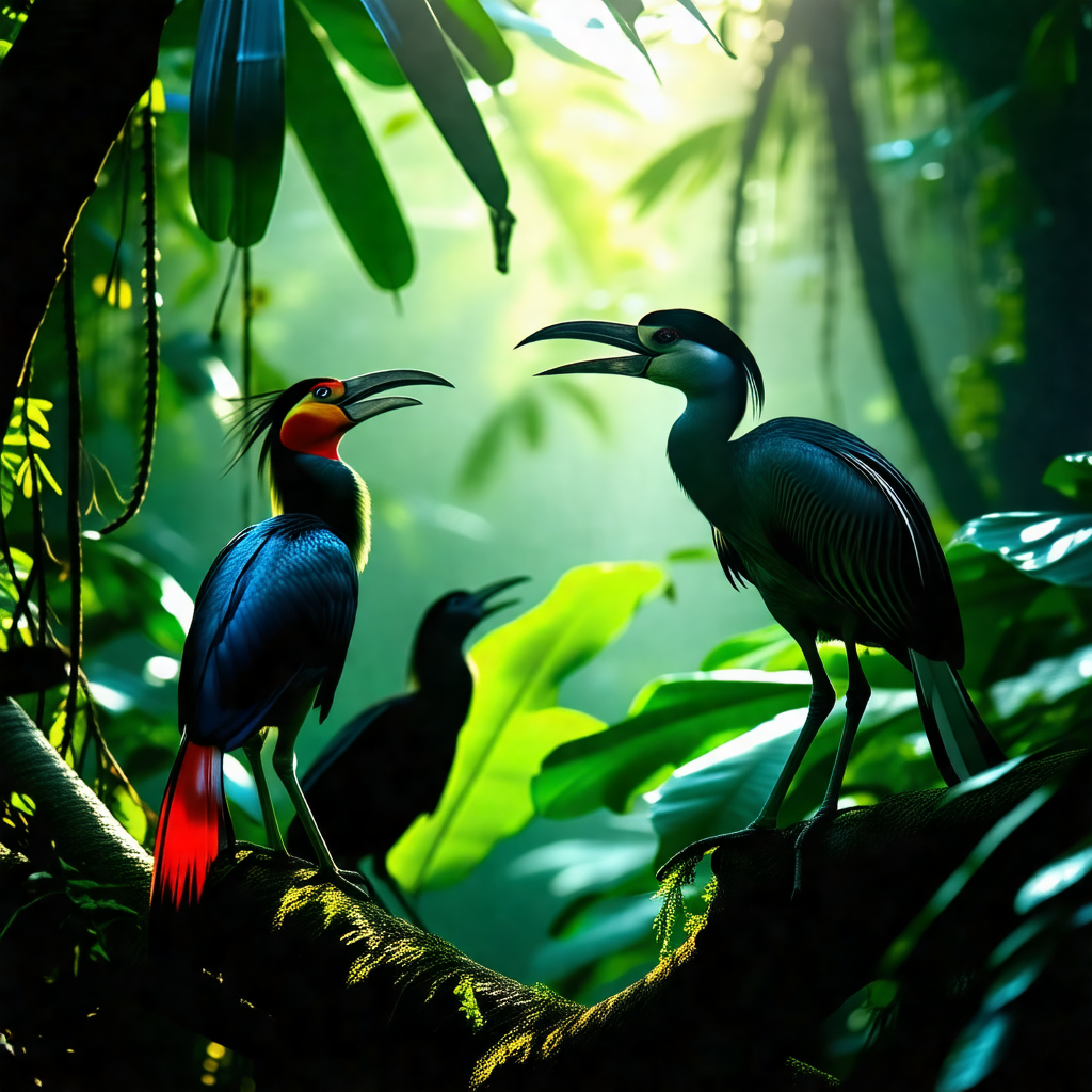 Lush green forest with a variety of birds