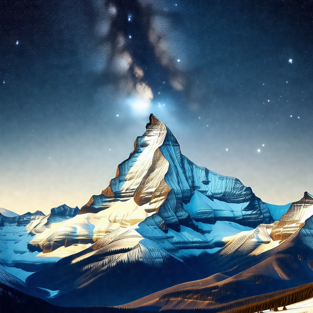 Majestic mountain with a snow-covered peak, towering over...