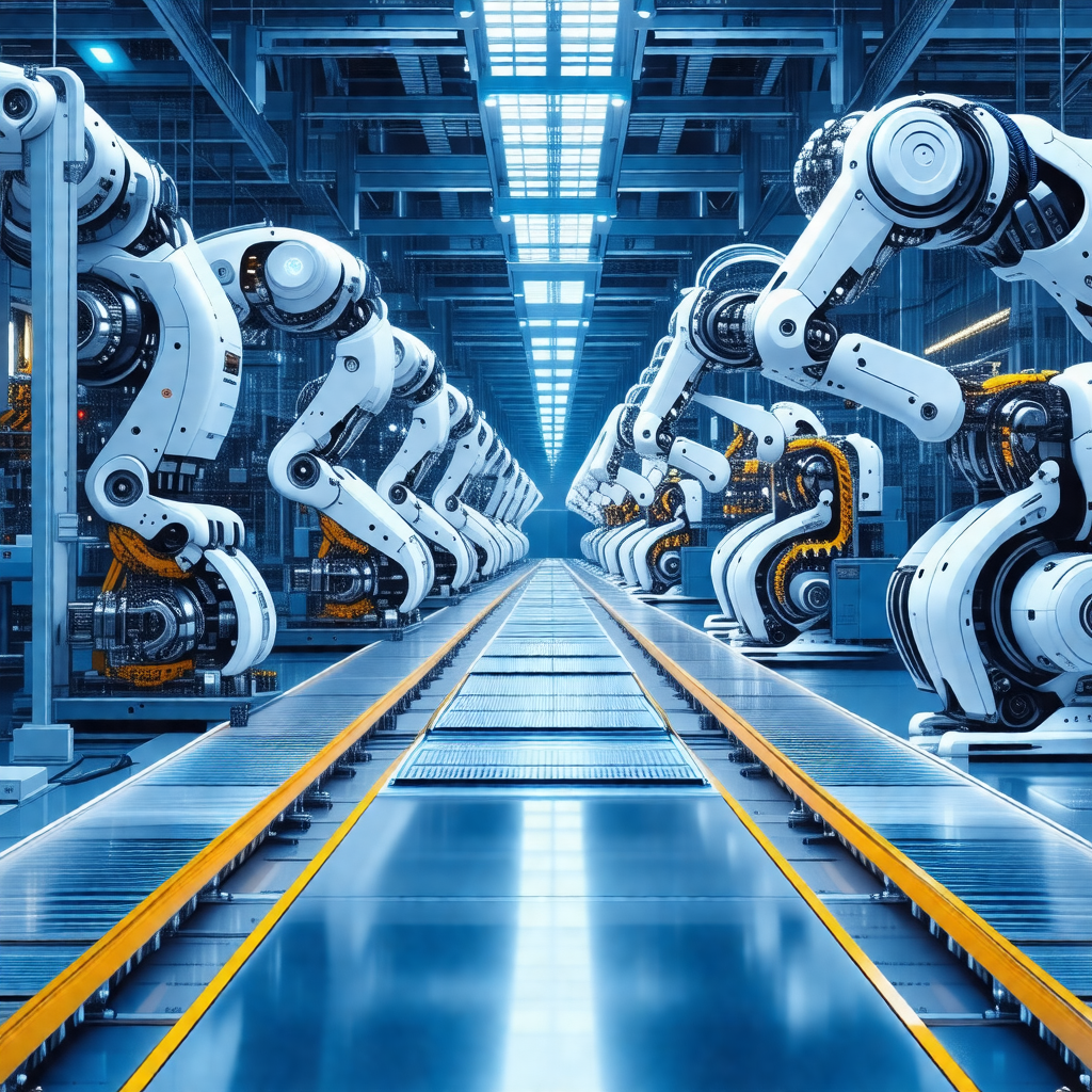 Factory with a long row of white robots lined up on a con...