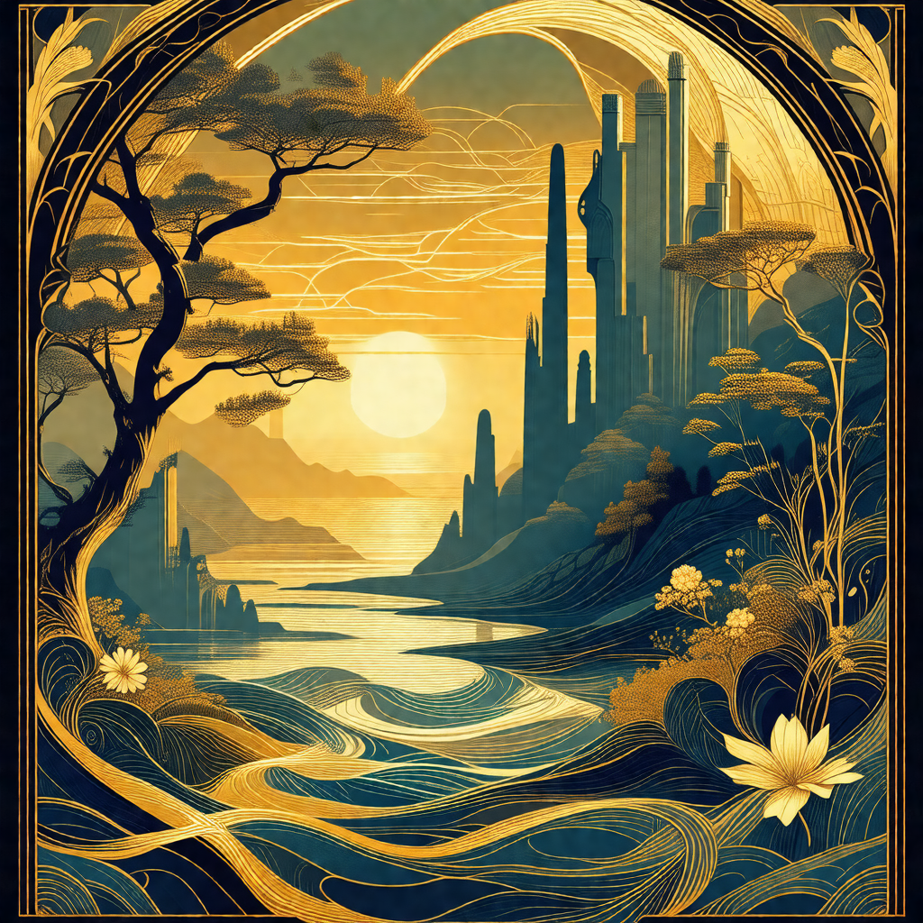 Beautifully drawn illustration of a serene scene featurin...