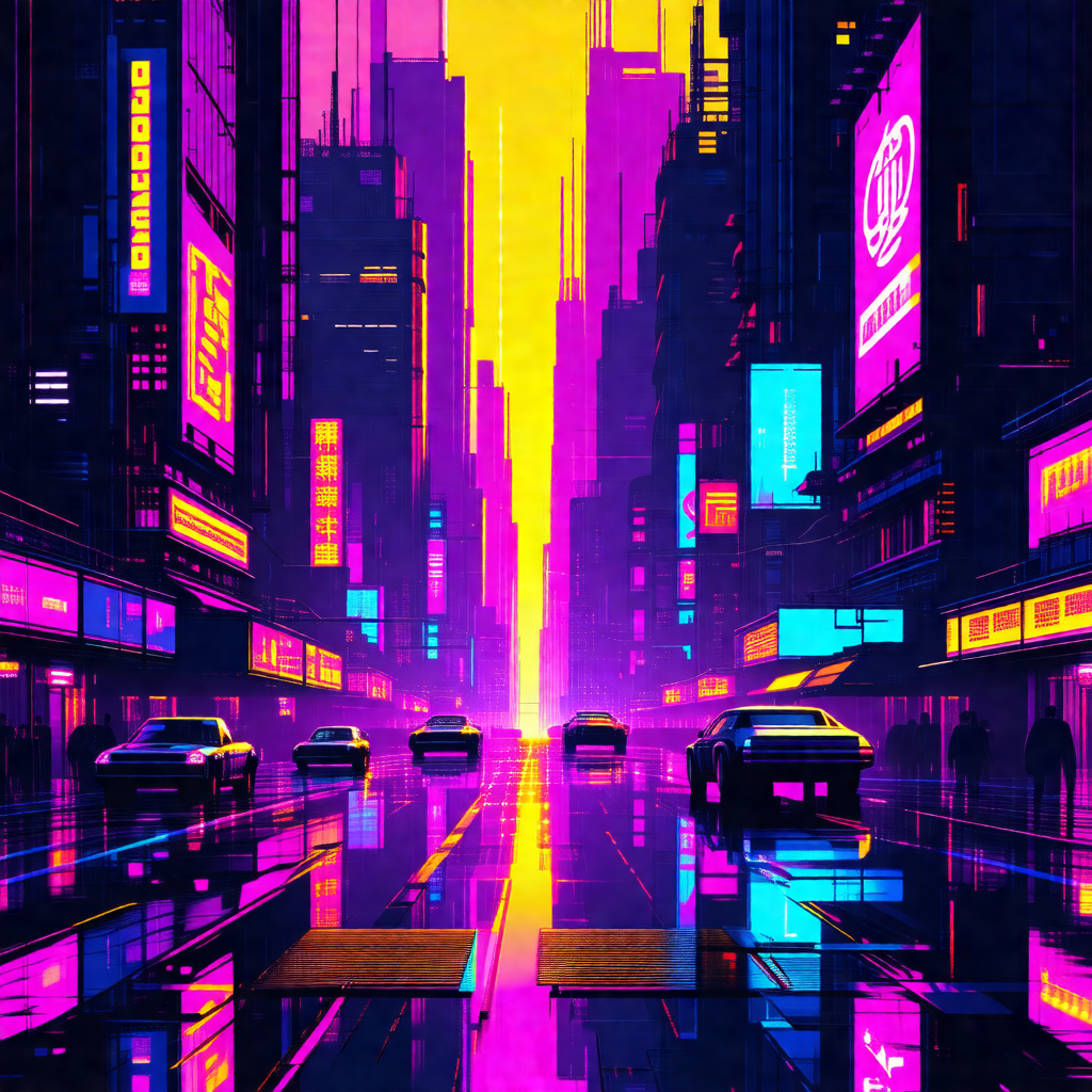 Colorful, futuristic cityscape featuring a busy street wi...