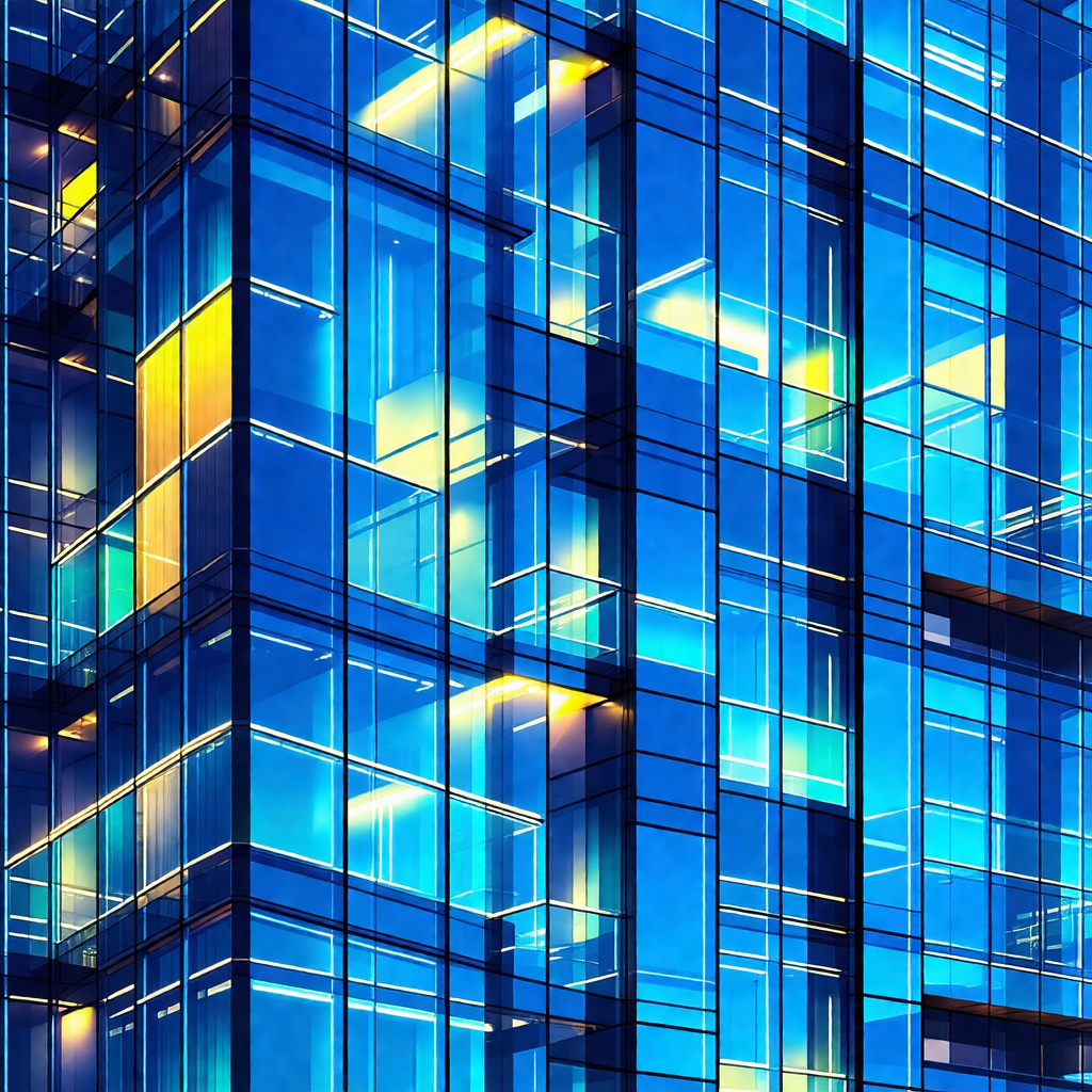 Tall, blue glass building with many windows