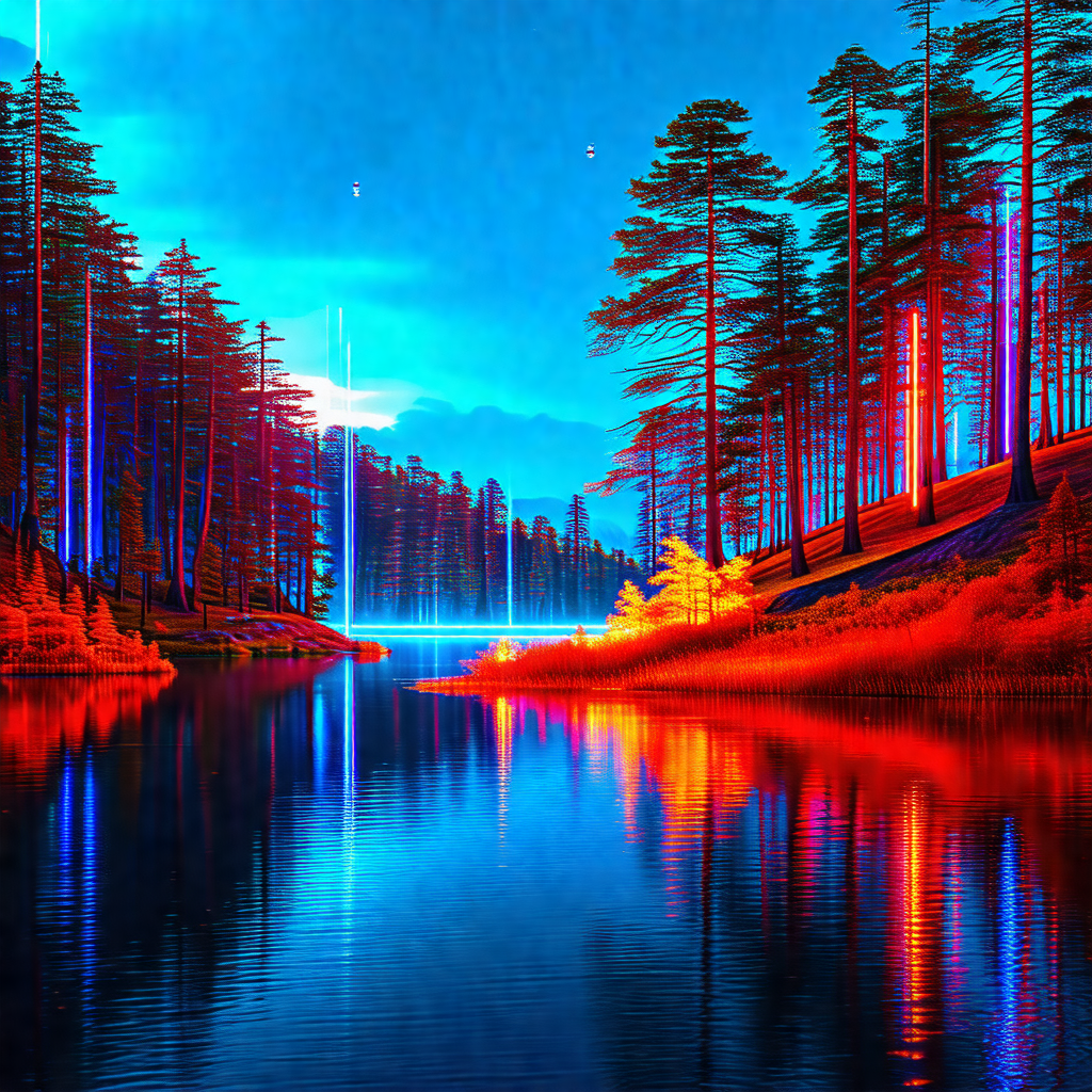 Painting of a forest with a body of water, possibly a lak...
