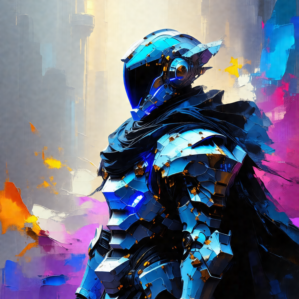 Futuristic robot with a blue helmet, standing in front of...