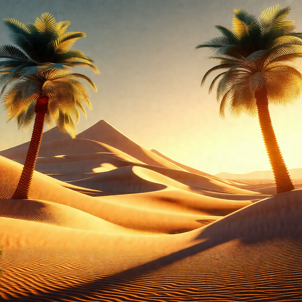 Sandy desert landscape with two palm trees standing promi...