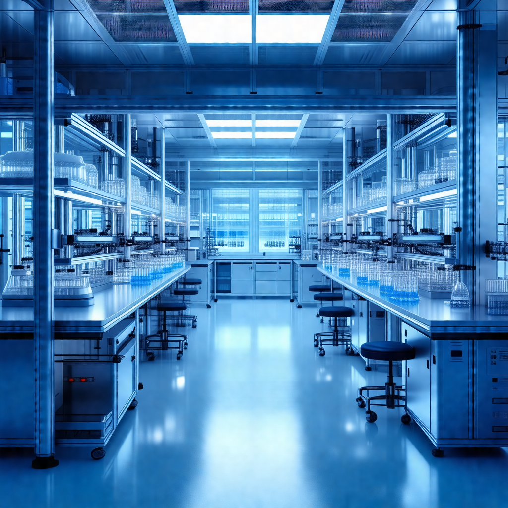 Blue-toned photograph of a large, clean laboratory