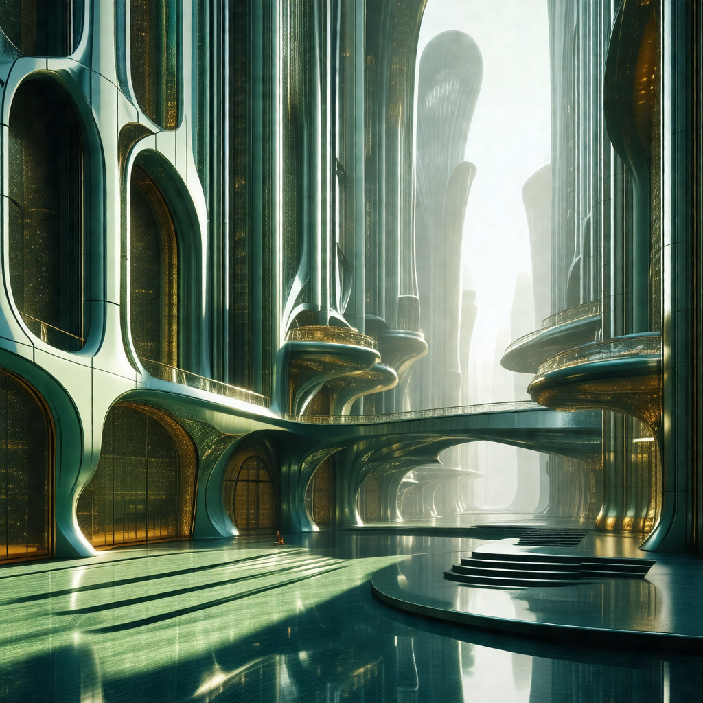 Futuristic cityscape featuring a large, modern building w...
