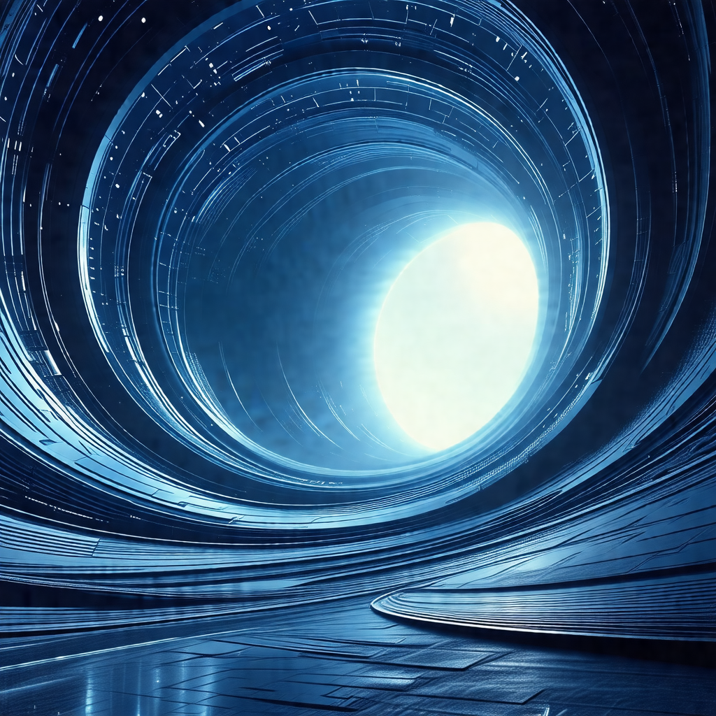Large, open, and dark tunnel with a blue light illuminati...
