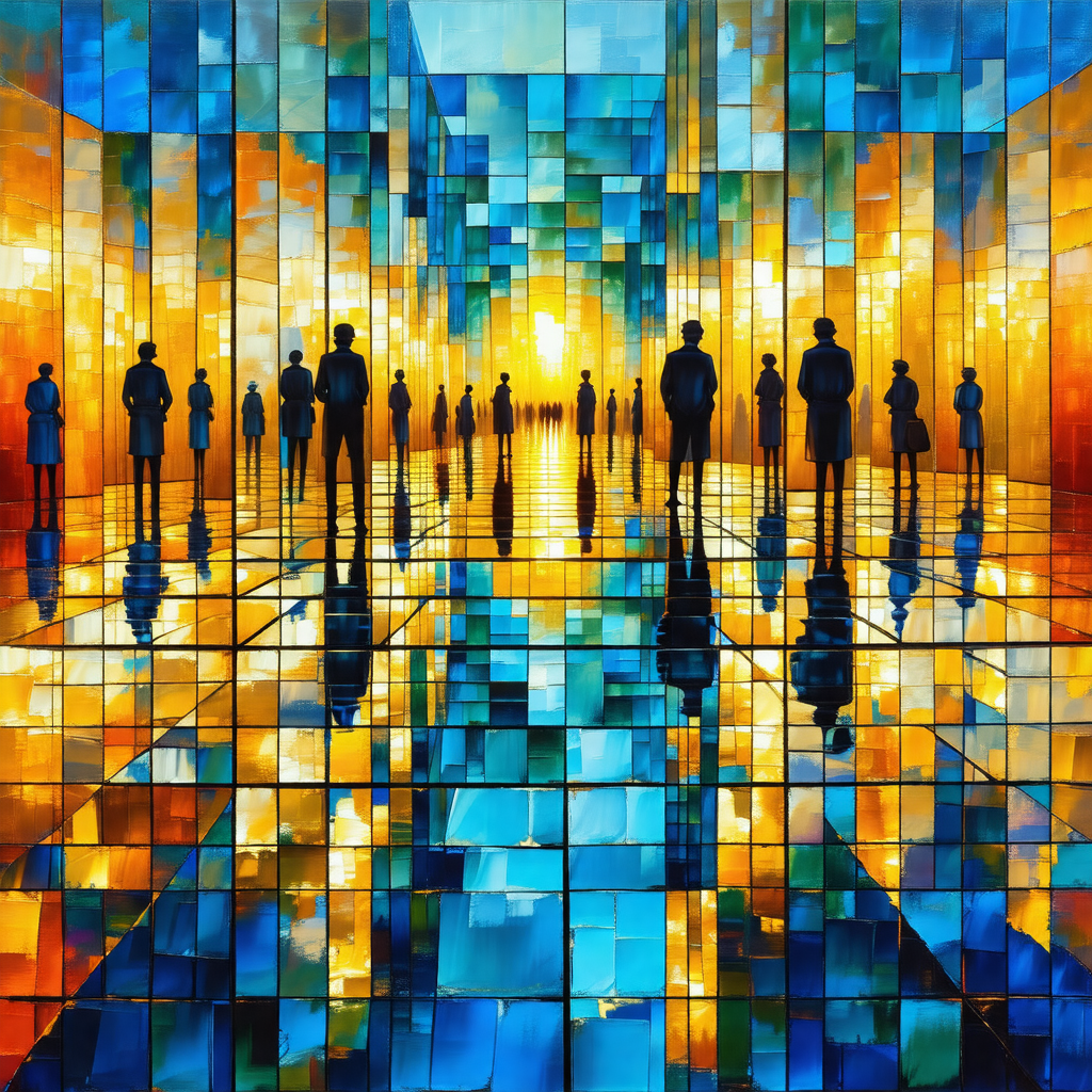Painting of a group of people walking down a hallway