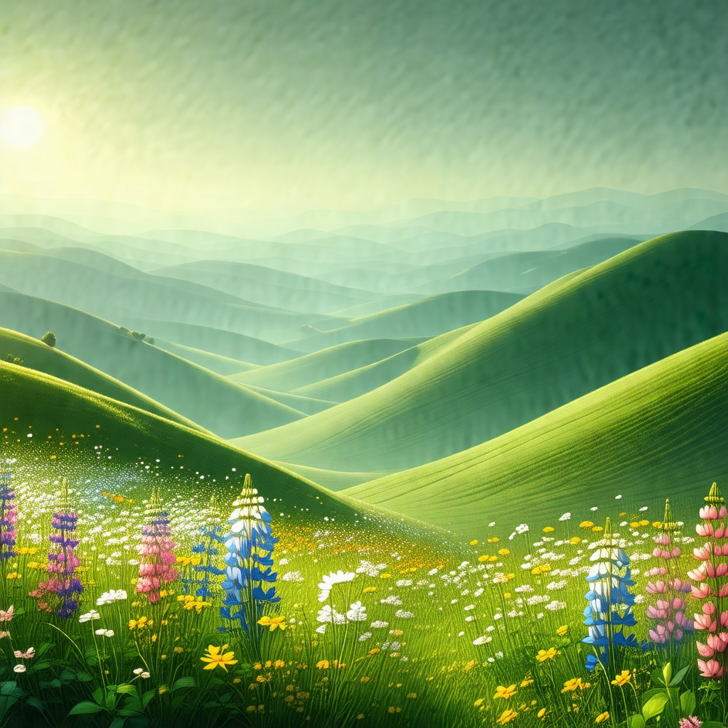 Painting of a beautiful, lush green hillside with a field...