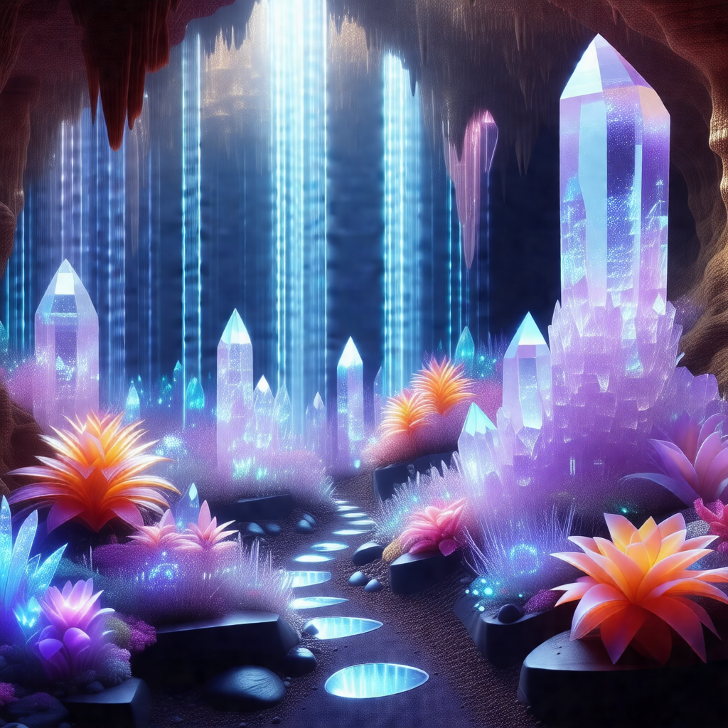 Colorful and imaginative depiction of a cave with a path ...