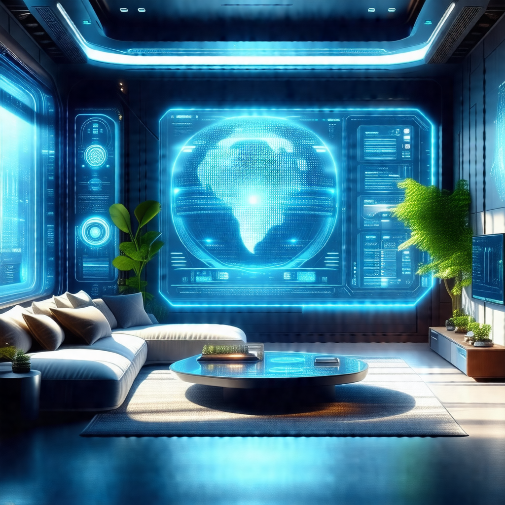 Futuristic living room with a large, blue, illuminated wall