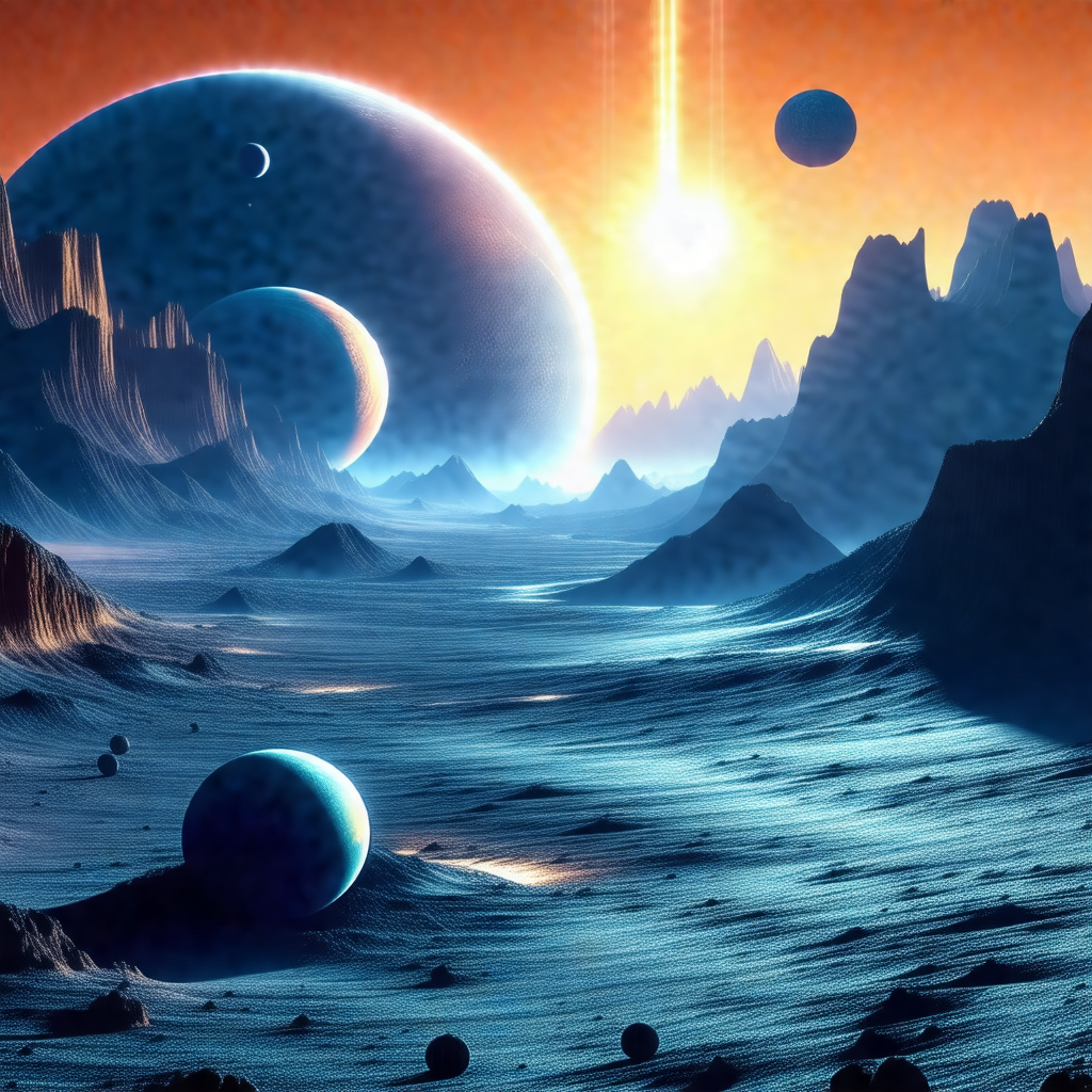 Futuristic scene with a group of planets and moons floati...