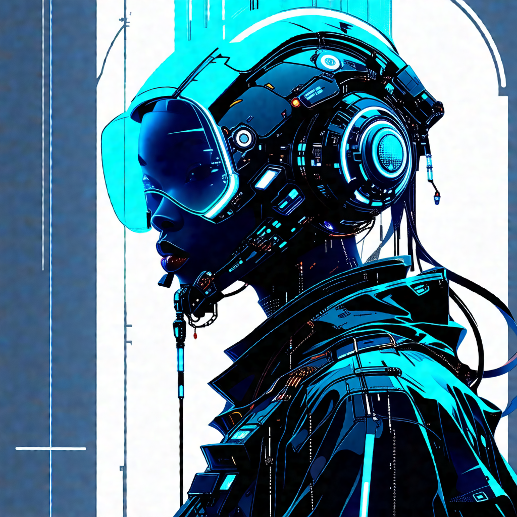 Blue and black illustration of a person wearing a futuris...