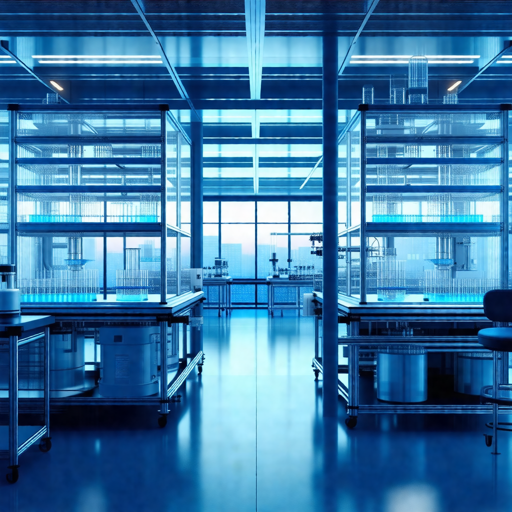 Large, clean, and well-lit laboratory with a blue-lit atm...