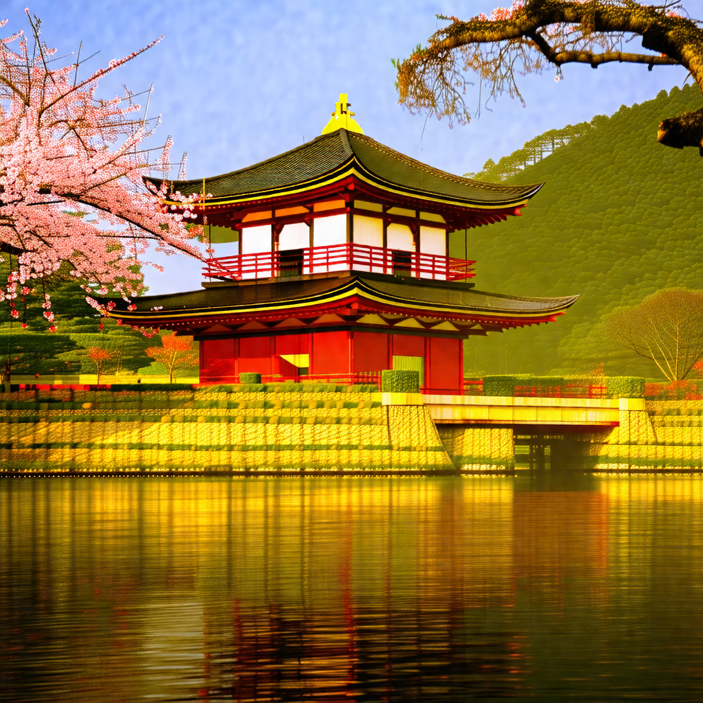 Beautiful oriental building with a red roof, situated nex...