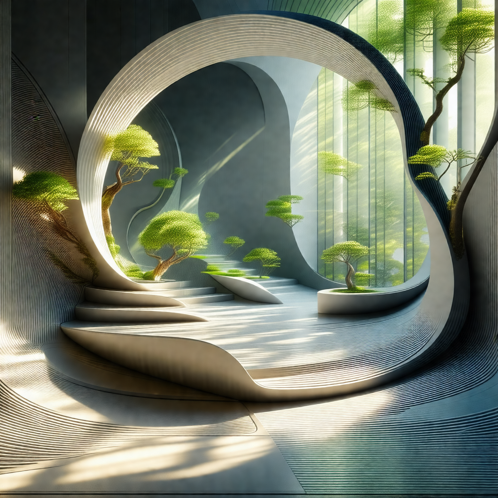 Large, curved wall with a variety of trees and plants gro...
