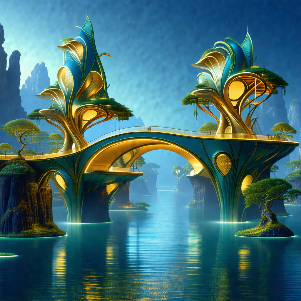 Digital painting of a bridge that is suspended over a bod...