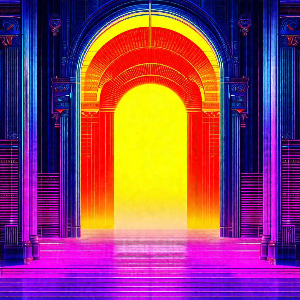 Painting of a large, open doorway with a bright yellow su...