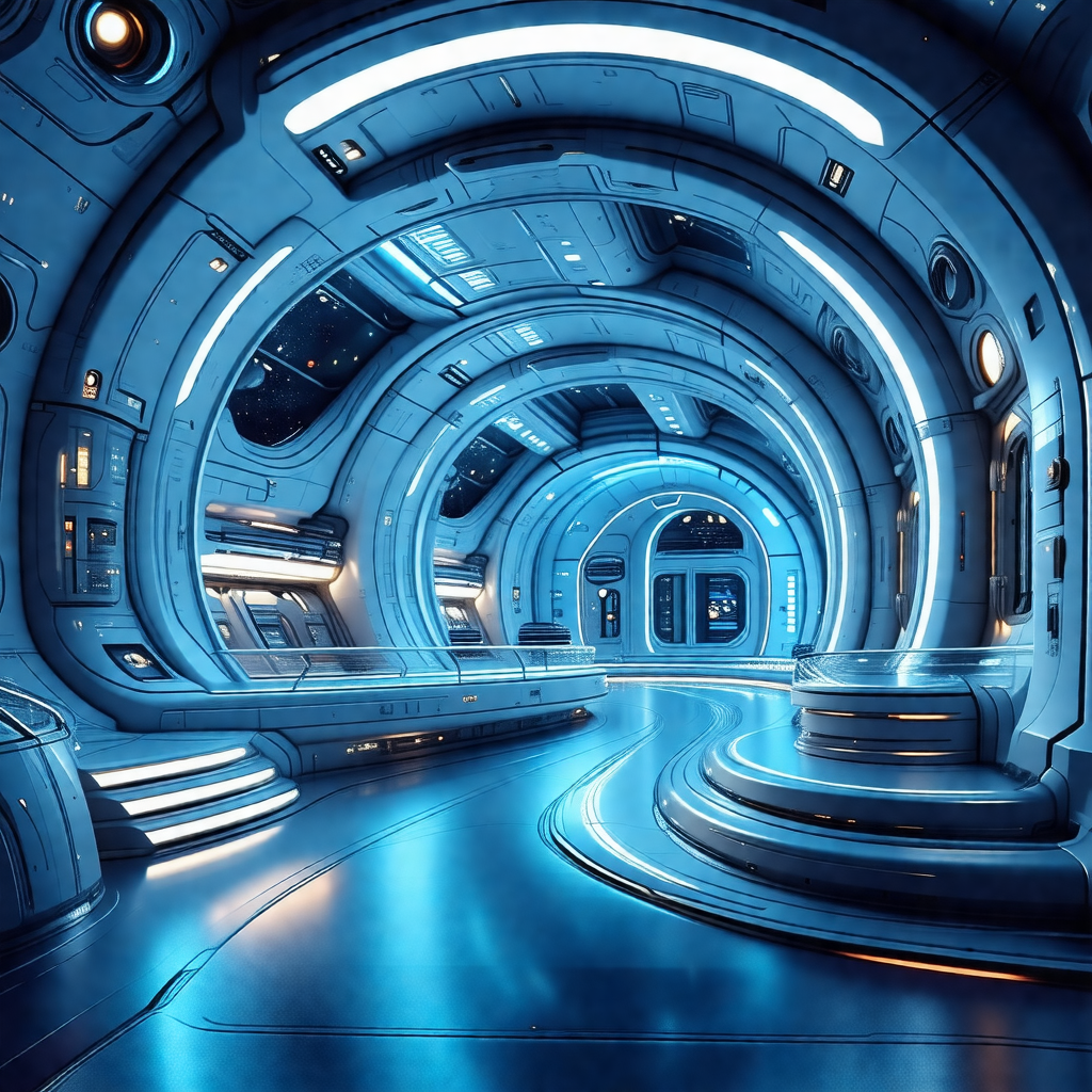 Futuristic, blue-lit room with a long, curved hallway