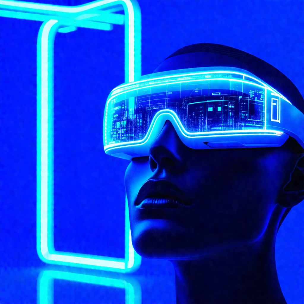 Woman wearing futuristic blue goggles, giving her a cyber...