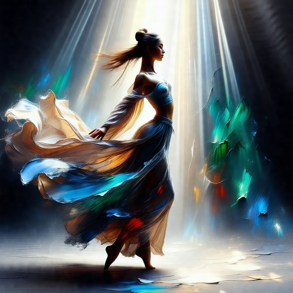 Woman in a flowing dress, standing in a room with a brigh...