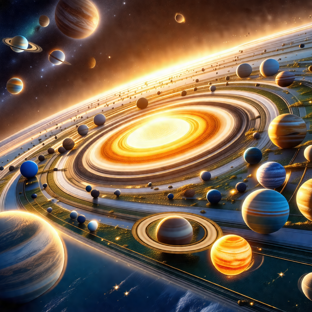 Detailed illustration of a solar system, featuring a larg...