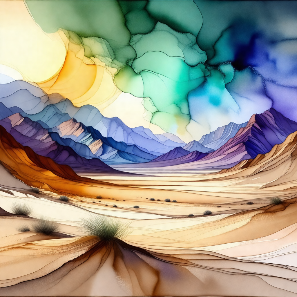 Painting of a mountainous landscape with a vibrant color ...