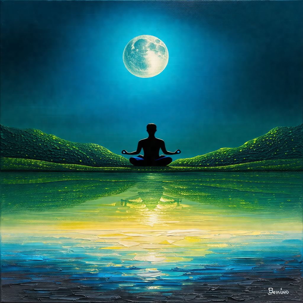 Man sitting in a lotus position on a grassy hillside, fac...