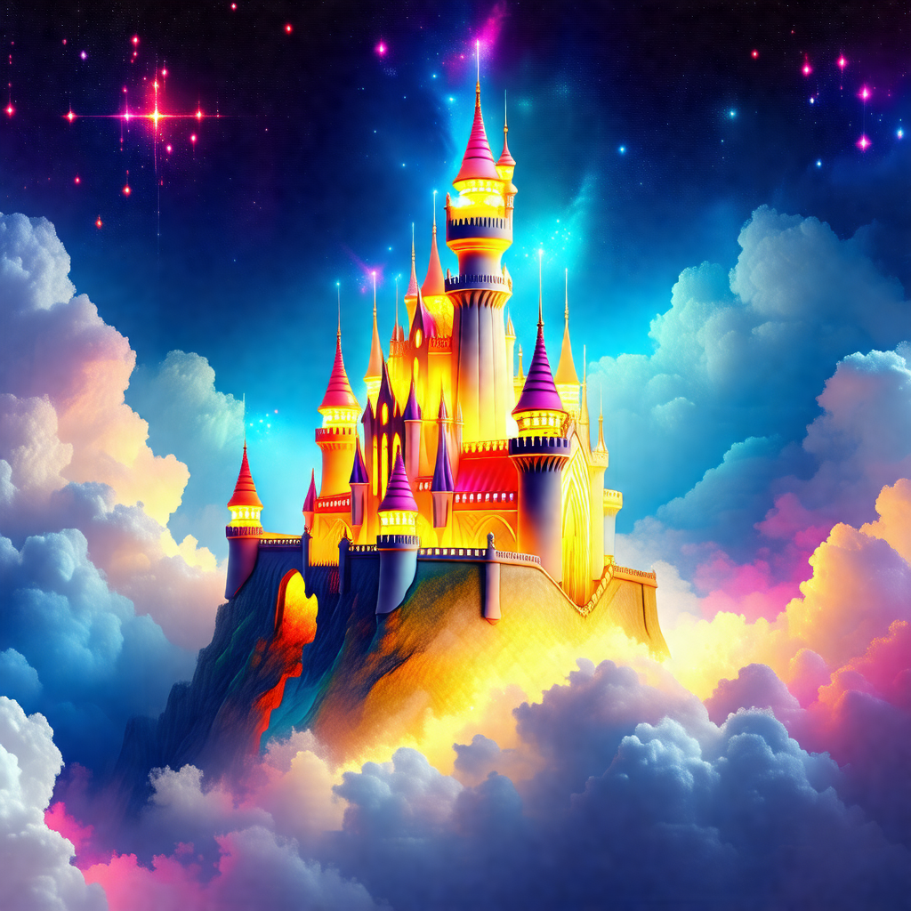 Beautifully drawn castle with a tall tower, situated on t...