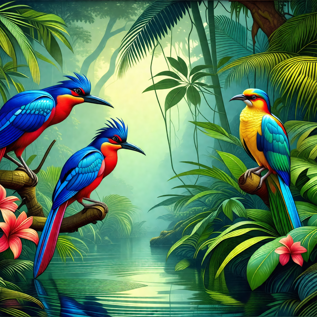 Lush, tropical forest with a variety of birds