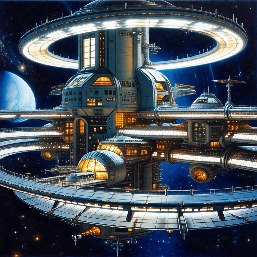 Futuristic painting of a large space station with a circu...