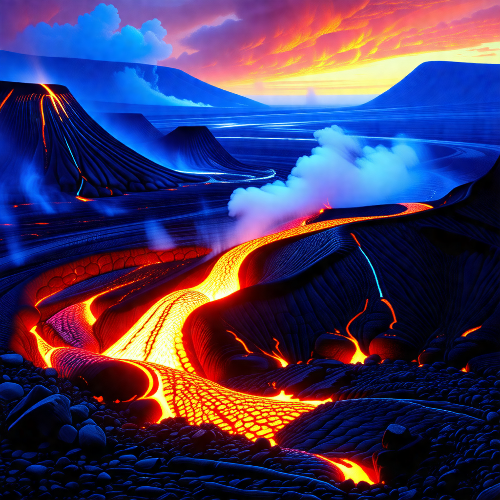Painting of a volcano with a river of lava flowing out of it