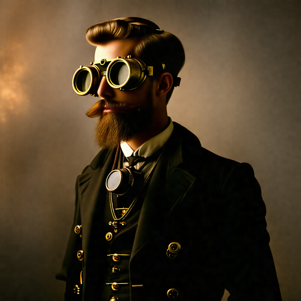 Man wearing a suit and tie, with a pair of goggles on his...